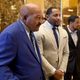 NFL legends Jim Brown and Ray Lewis, as well as the Rev. Darrell Scott, senior pastor of the New Spirit Revival Center in Cleveland Heights, Ohio, speak to the media after meetings with President-elect Donald Trump at Trump Tower in New York City on Dec. 13, 2016.
TIMOTHY A. CLARY/AFP/Getty Images
